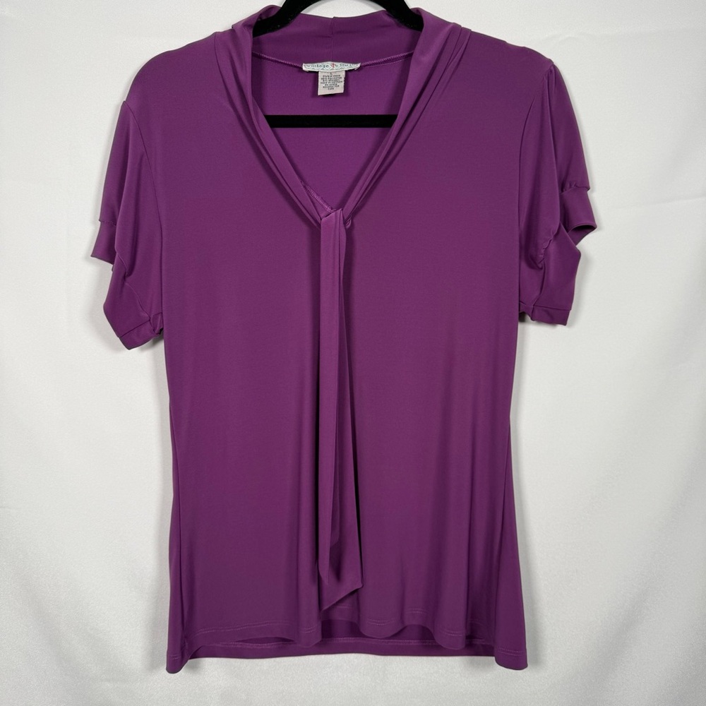 Vintage Susie Purple Tie-Neck Short Sleeve Blouse - Size L
